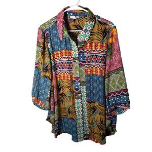 Cynthia Rowley Shirt Women's 1X Button Up 3/4 Sleeve Patchwork Lightweight